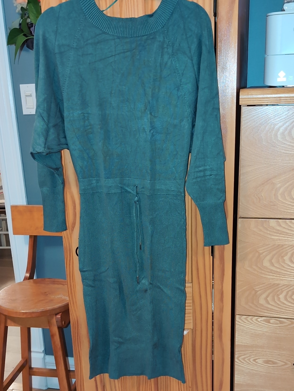 RW&CO. Teal Knit Batwing-Sleeve Sweater Dress with Cinched Waist